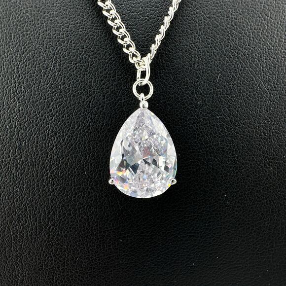 Cubic Zirconia Teardrop Solitaire Prong Set Silver Tone Elegant 18" Necklace - Picture 4 of 8